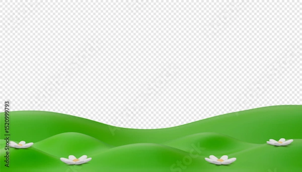 Fototapeta Vector 3D Illustration of Green Hills With Flowers on Transparent Background.