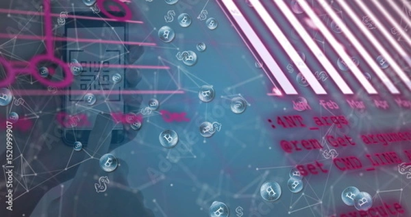 Obraz Image of graphs, data and connections over hands holding smartphone with qr code