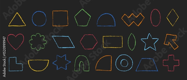 Fototapeta Crayon textured geometric figures collection. Outline basic shapes hand drawn with colored pencil. Silhouettes of pastel textured primitive elements. Vector illustration isolated on black background.