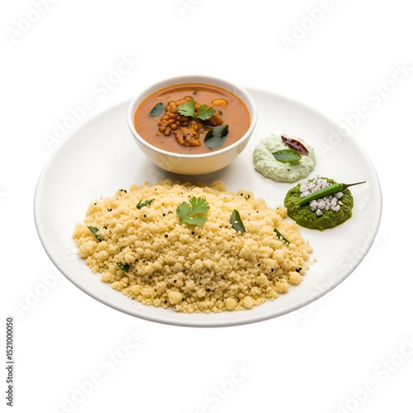 Fototapeta Upma with Sambar and Chutney isolated on a transparent background 