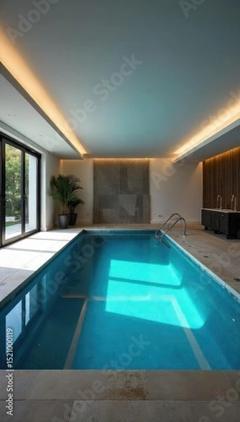 Fototapeta Luxury indoor swimming pool nestled within a spacious, modern garage conversion Enjoy the ultimate private oasis, perfect for relaxation and recreation , home renovation, private, serene