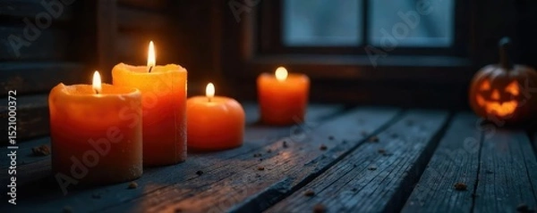 Fototapeta Spooky Halloween candles, flickering in the dark, casting eerie shadows on a cobweb-draped surface Perfect for autumn, fall, Halloween decorations, and spooky ambiance , witchcraft, spooky, scent