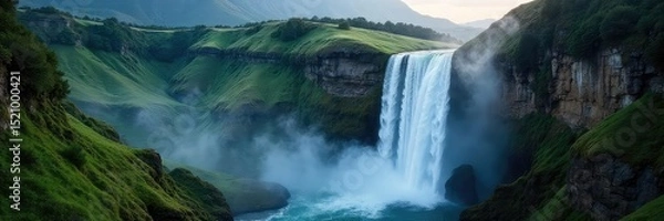 Fototapeta Stunning cascading waterfall plunging into a misty canyon, surrounded by lush greenery and towering rock formations Perfect for nature, travel, and adventure themes , river, peaceful
