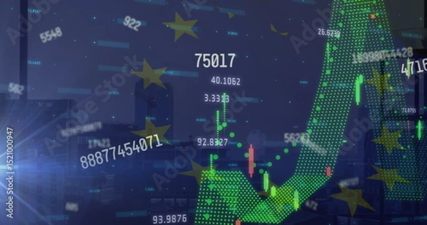 Obraz Image of graphs, eu flag and numbers over cityscape