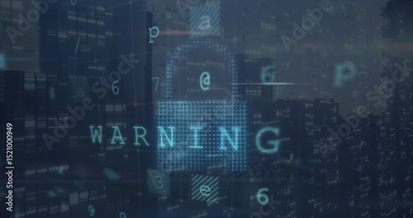 Fototapeta Image of virus scanning, numbers and digital padlock over cityscape