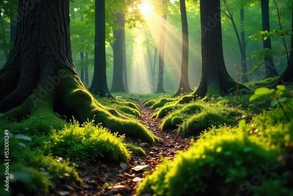 Fototapeta Sunlight dapples the forest floor, illuminating vibrant green moss and ancient trees in a serene woodland scene Perfect for nature, travel, and environmental themes , sun, forest floor
