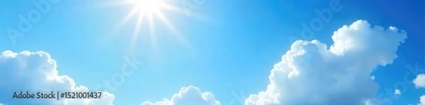 Fototapeta Sunny summer day, vibrant blue sky with fluffy white clouds, bright sunlight illuminating a peaceful landscape Perfect for weather, nature, and travel themes , idyllic, meadow