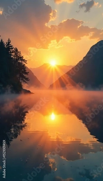 Fototapeta Sunrise over a tranquil lake, mist rising, reflecting golden light, symbolic of renewal and hope on a Sunday morning , tranquil, lake, divine