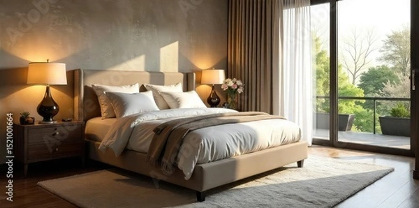 Fototapeta Luxurious king-size bed with plush bedding, elegant nightstands, and a large window offering natural light, creating a serene and sophisticated bedroom ambiance , decor, modern, serene