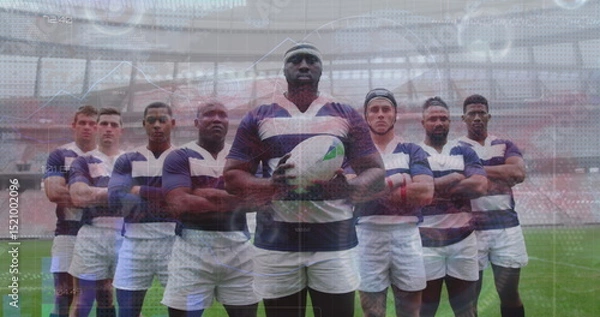 Obraz Image of data processing over diverse male rugby players