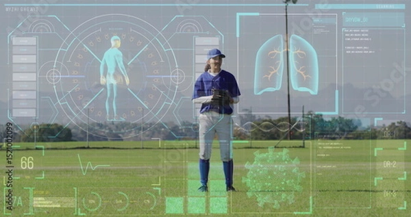 Fototapeta Image of data processing over caucasian female baseball player