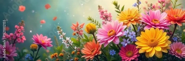 Fototapeta Vibrant floral arrangement overflowing with joy; a burst of colorful blooms symbolizing happiness and springtime cheer , delightful flowers, flora