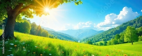 Fototapeta Vibrant image depicting sun-drenched nature scenes, lush greenery, and clear blue skies, evoking feelings of serenity and rejuvenation, perfect for wellbeing and wellness themes , landscape, sky