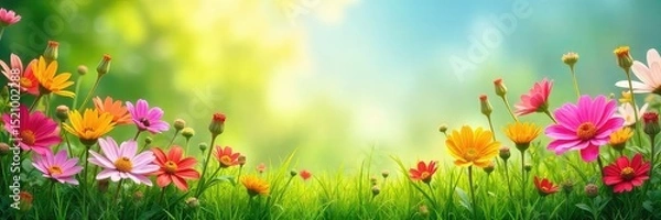 Fototapeta Vibrant wildflowers blooming profusely along a sunny, grassy border, creating a lush, positive and natural frame Perfect for spring, summer, nature, and growth themes , nature, grass, green