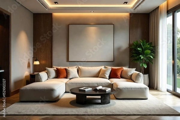 Fototapeta Luxurious modern sofa adds a touch of elegance and comfort to a master bedroom, perfect for relaxation and reading , throw pillows, grey
