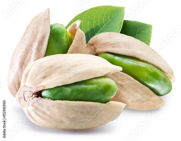 Fototapeta Green pistachio nuts with pistachio shell isolated on a white background.