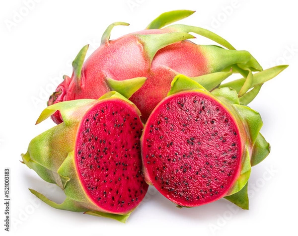 Fototapeta Dragon fruit and dragon fruit cut in half isolated on white background. File contains clipping paths.