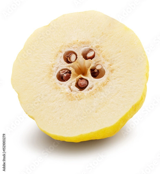 Fototapeta Cross section of quince fruit with brown seeds isolated on white background. File contains clipping path.