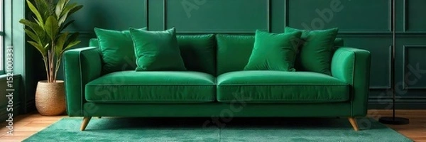 Fototapeta Luxurious velvet sofa, deep emerald green, perfect for a modern living room Elegant curves and plush cushions invite relaxation and comfort , home decor, house