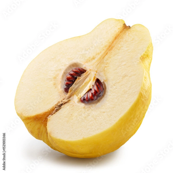 Fototapeta Longitudinal section of quince fruit with brown seeds isolated on white background. File contains clipping path.