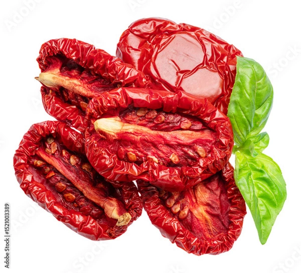 Fototapeta Halves of sun-dried plum tomatoes and fresh basil leaves on white background. File contains clipping path.