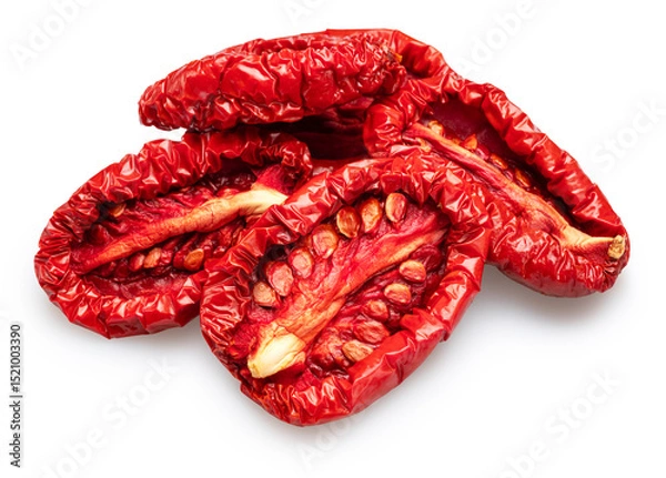 Fototapeta Halves of sun-dried plum tomatoes on white background. File contains clipping path.