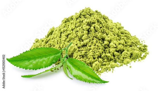 Fototapeta Matcha tea, finely ground powder and green tea leaves on white background. File contains clipping path.