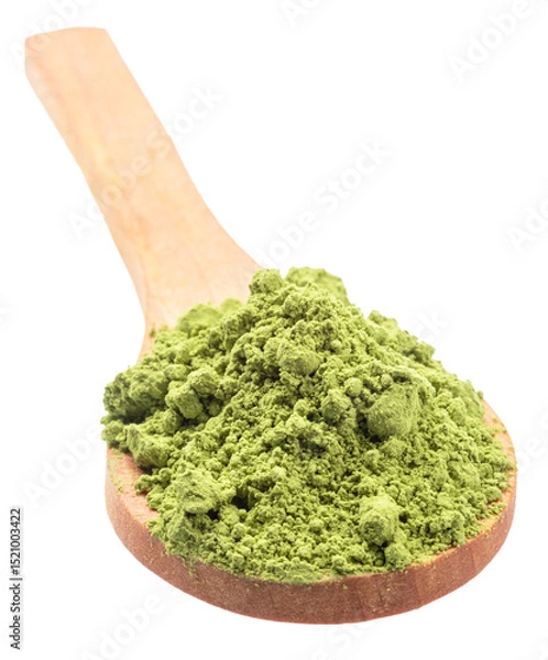 Fototapeta Wooden spoon of matcha tea, finely ground powder of green tea on white background. File contains clipping path.