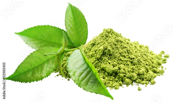 Fototapeta Matcha tea, finely ground powder and green tea leaves on white background. File contains clipping path.