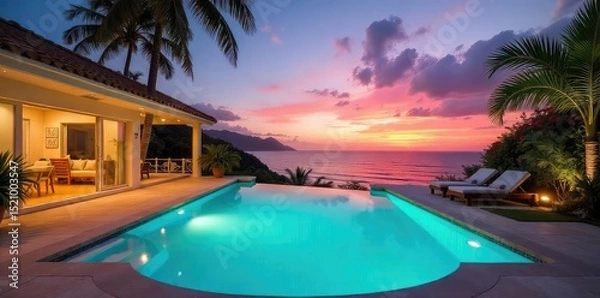Fototapeta Luxurious villa with private pool and stunning ocean views Perfect for a relaxing getaway Enjoy breathtaking sunsets and comfortable amenities , summer, luxury