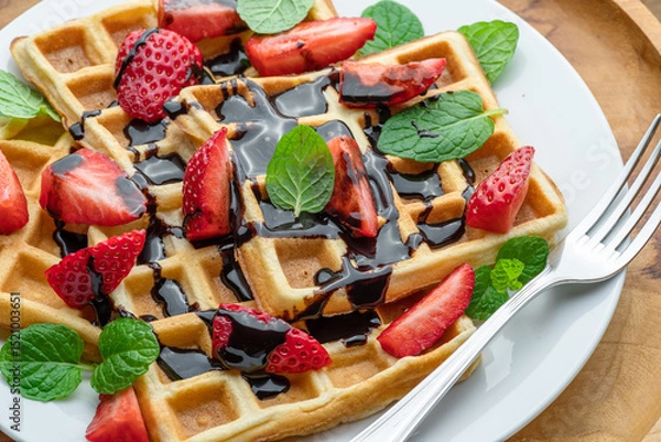 Fototapeta Belgian waffles with chocolate topping, strawberry slices and mint leaves on plate closeup.