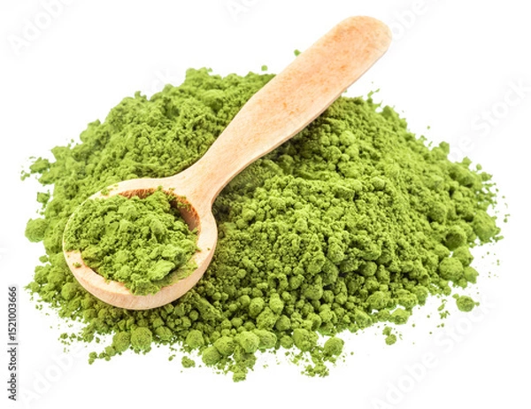 Fototapeta Wooden spoon of matcha tea, finely ground powder of green tea on white background. File contains clipping path.