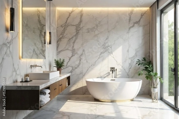 Fototapeta Luxury bathroom featuring elegant marble wall tiles and a sleek countertop, creating a sophisticated and serene atmosphere Perfect for interior design and home decor projects , wall tiles, matte