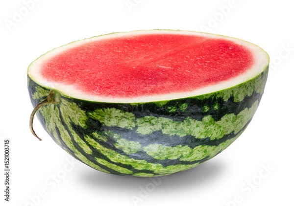 Fototapeta Round striped watermelon cut in half isolated on white background. Clipping path.