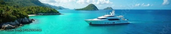 Fototapeta Luxury cruise ship at anchor in a vibrant tropical bay, surrounded by lush green islands and crystal-clear turquoise water Perfect for travel, vacation, and paradise themes , resort, ship