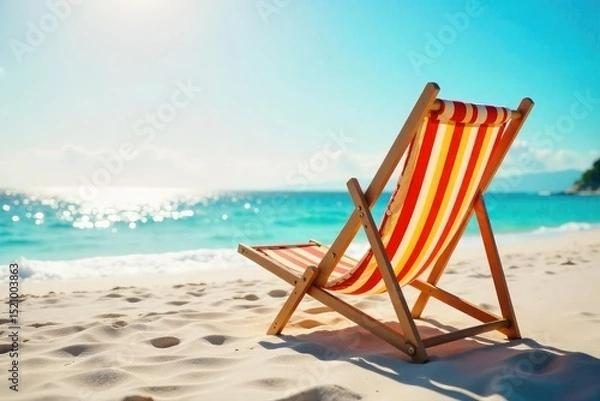 Fototapeta Relaxing striped deck chair on a sunny beach, perfect for summer holidays and vacations Enjoy the tranquil seaside scene and vibrant colors , seaside, sun, holiday