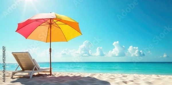 Fototapeta Serene scene of a colorful umbrella providing shade on a sunny day, perfect for relaxation and tranquility Ideal for summer, vacation, and well-being themes , tranquility, scene, unwind