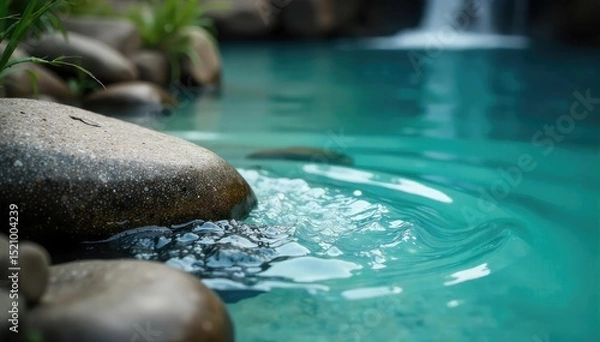 Fototapeta Serene, slow-motion footage of crystal-clear water flowing over smooth stones, creating a gentle, calming ripple effect Perfect for relaxation, meditation, and spa themes , crystal, background, brook