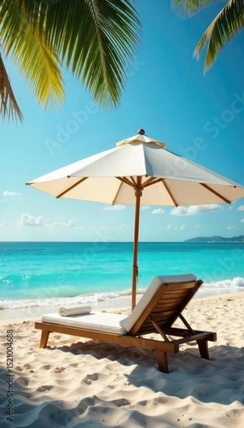 Fototapeta Serene umbrella sheltering a comfortable lounge chair on a sun-drenched beach, offering a shaded oasis of tranquility and relaxation Perfect for vacation, travel, and summer themes , getaway, scene