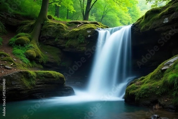 Fototapeta Serene waterfall cascading over mossy rocks, creating a tranquil and peaceful atmosphere perfect for relaxation and meditation The gentle mist adds to the calming ambiance , quiet, restorative, spray