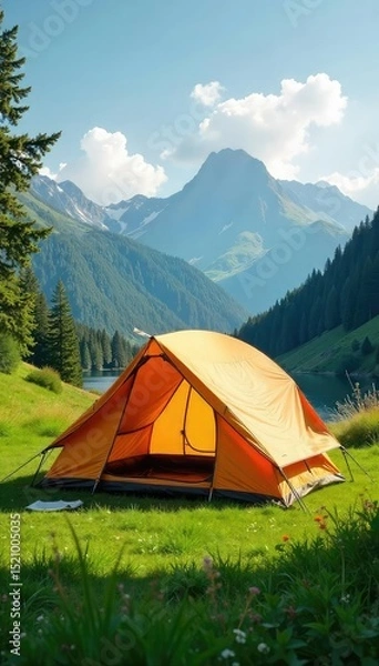 Fototapeta Spacious family dome tent pitched in a lush green meadow, ready for a camping adventure Enjoy the picturesque view and the vast open space , forest, meadow