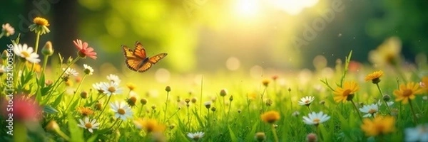 Fototapeta Sun-drenched meadow in summer, wildflowers in bloom, vibrant green grass, idyllic pastoral scene, perfect for nature backgrounds Butterflies flutter amongst blossoms , peace, colorful