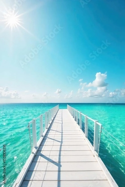 Fototapeta Sun-drenched white pier extending into calm turquoise water, perfect for a relaxing summer scene Ideal for travel, vacation, or coastal lifestyle imagery , planks, peaceful scene, resort