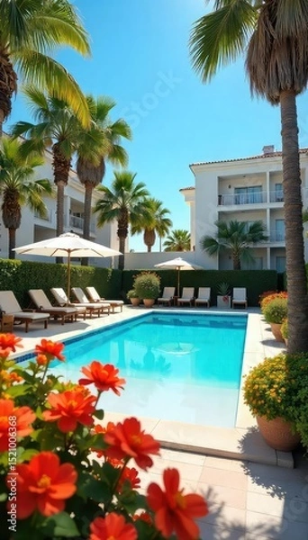 Fototapeta Sun-drenched hotel poolside, vibrant flowers, lush greenery, inviting lounge chairs, clear blue sky, perfect summer getaway , resort, serene