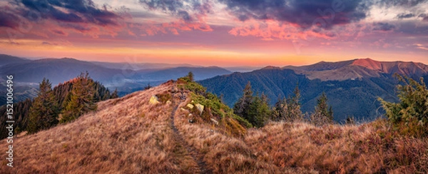 Obraz Stunning autumn sunset on Darvaika Peak. Panoramic morning view of Carpathian mountains, Ukraine, Europe. Beauty of nature concept background.
