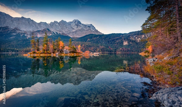 Obraz Calm morning scene of Eibsee lake with Zugspitze mountain range on background. Wonderful autumn view of Bavarian Alps, Germany, Europe. Beauty of nature concept background.