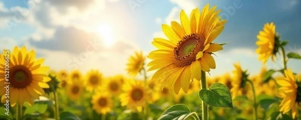 Fototapeta Vibrant sunflowers bask in the warm glow of summer sunshine, their golden petals reaching towards the sky A joyful scene of nature's beauty and radiant energy , nature, bright, rural