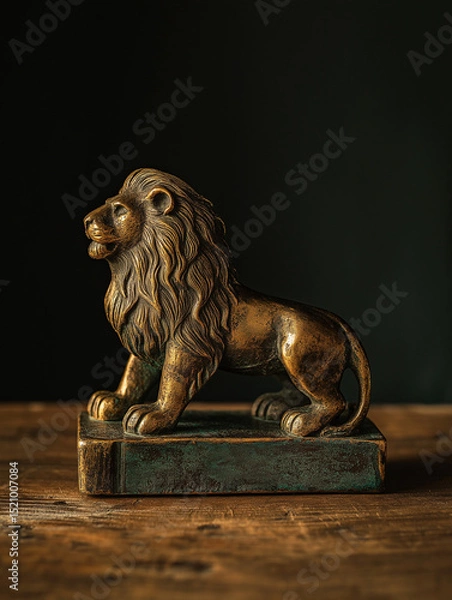 Obraz Antique brass lion motif bookend with tarnish and patina on walnut wood tabletop, side dramatic lighting, bold shadows, detailed grain, moody vintage atmosphere
