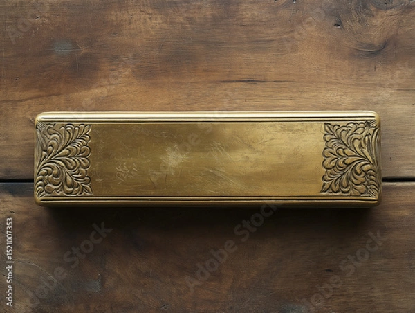 Obraz Brass bookend on worn oak desk, overhead flat lay, engraved detail, weathered patina, top-left light, centered composition, vintage office or library scene
