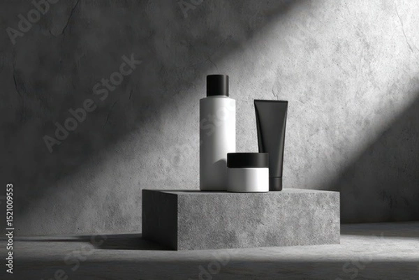 Obraz Minimal skincare product set mockup on concrete podium with monochrome background